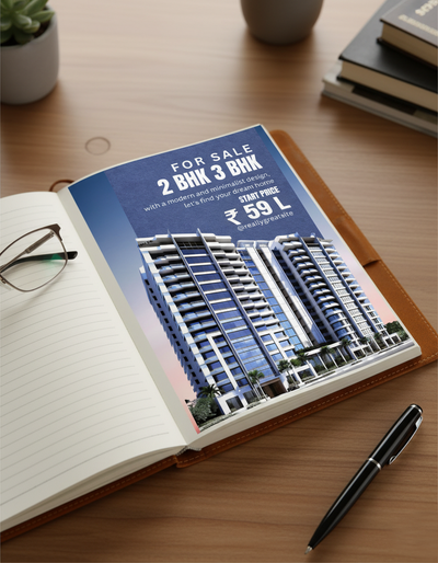 Open notebook with real estate advertisement on a wooden table