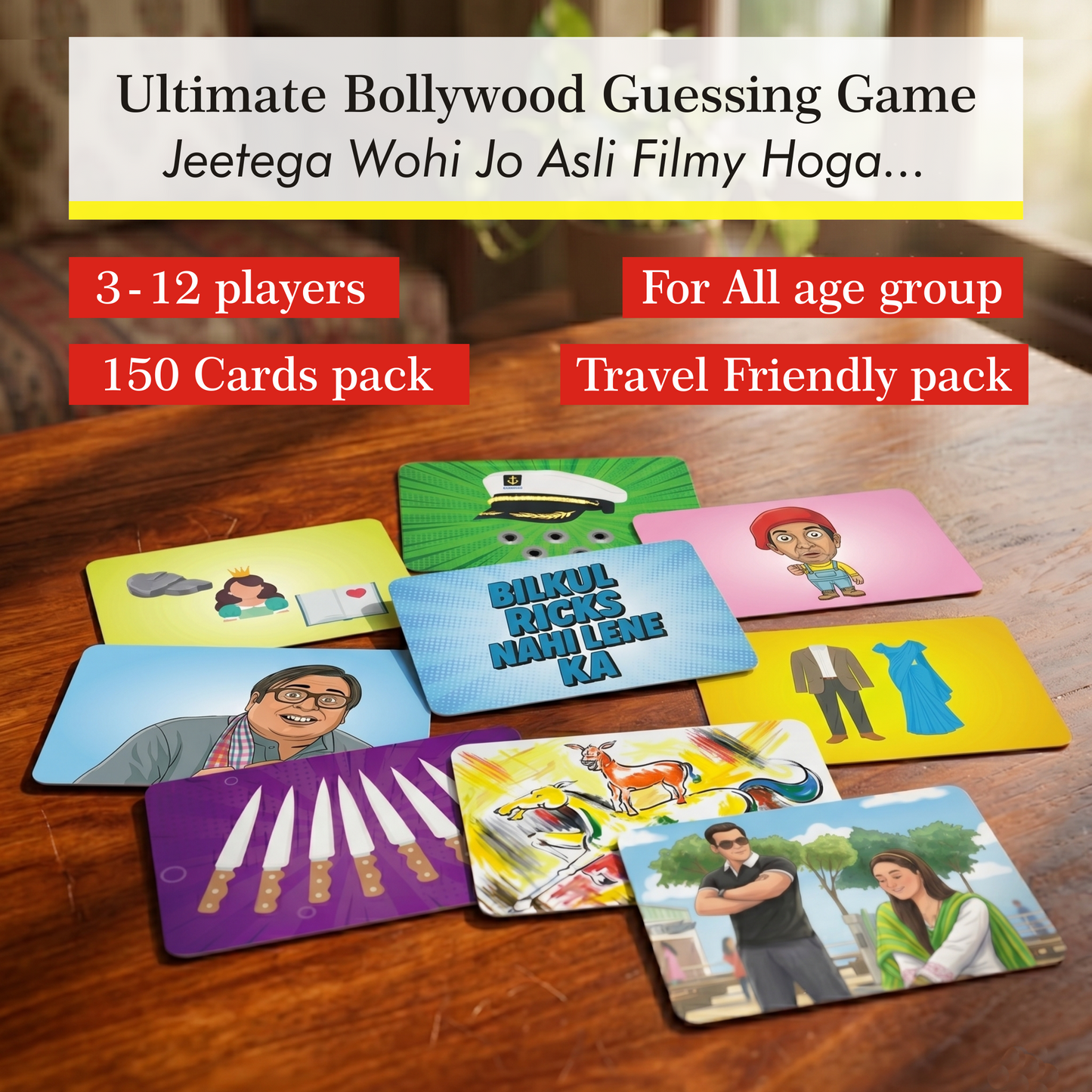Zaslan Bollywood Card Game – Fun Guessing Party Game for Friends & Family | Perfect for Game Night, House Parties & Gifts for Bollywood Fans | 3-12 Players, Adults, Teens & Kids