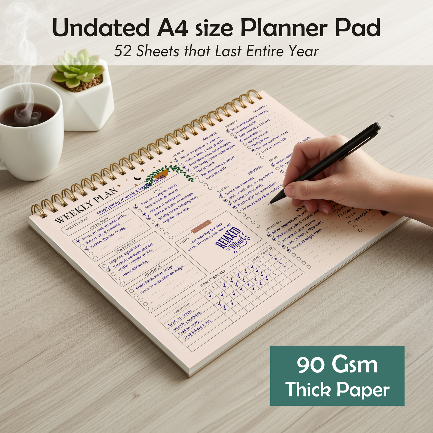 Zaslan Weekly Planner with Habit Tracker – Undated To-Do List Notepad for Priorities & Goals | 52 Tear-Off Sheets | 8.5” x 11” (A4 Size) Desk Planne