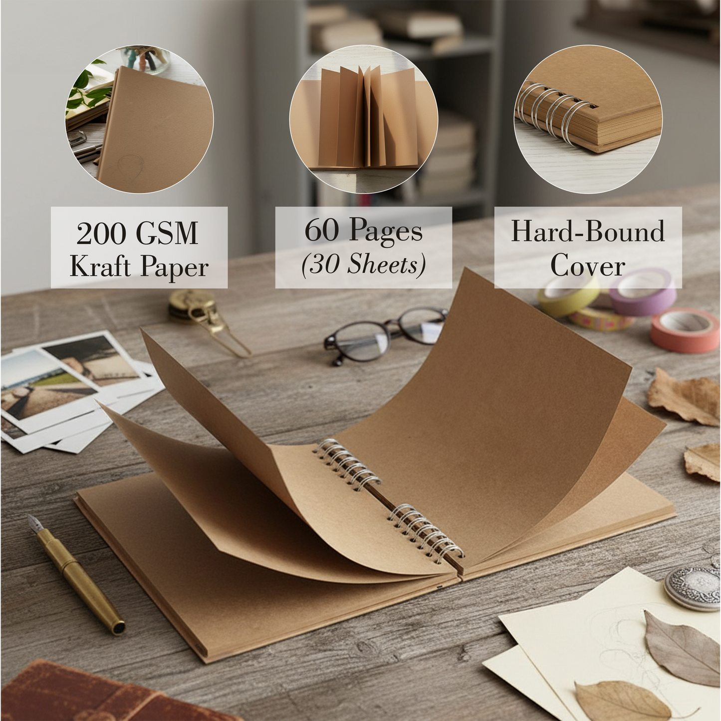Zaslan Scrapbook Album, 60 Pages/30 Sheets, Brown Thick 200gsm Kraft Paper, Photo Album Scrapbook, Memory Book - Ideal for Your Scrapbooking Albums Art & Craft Projects (8.5 x 8.5 Inch)