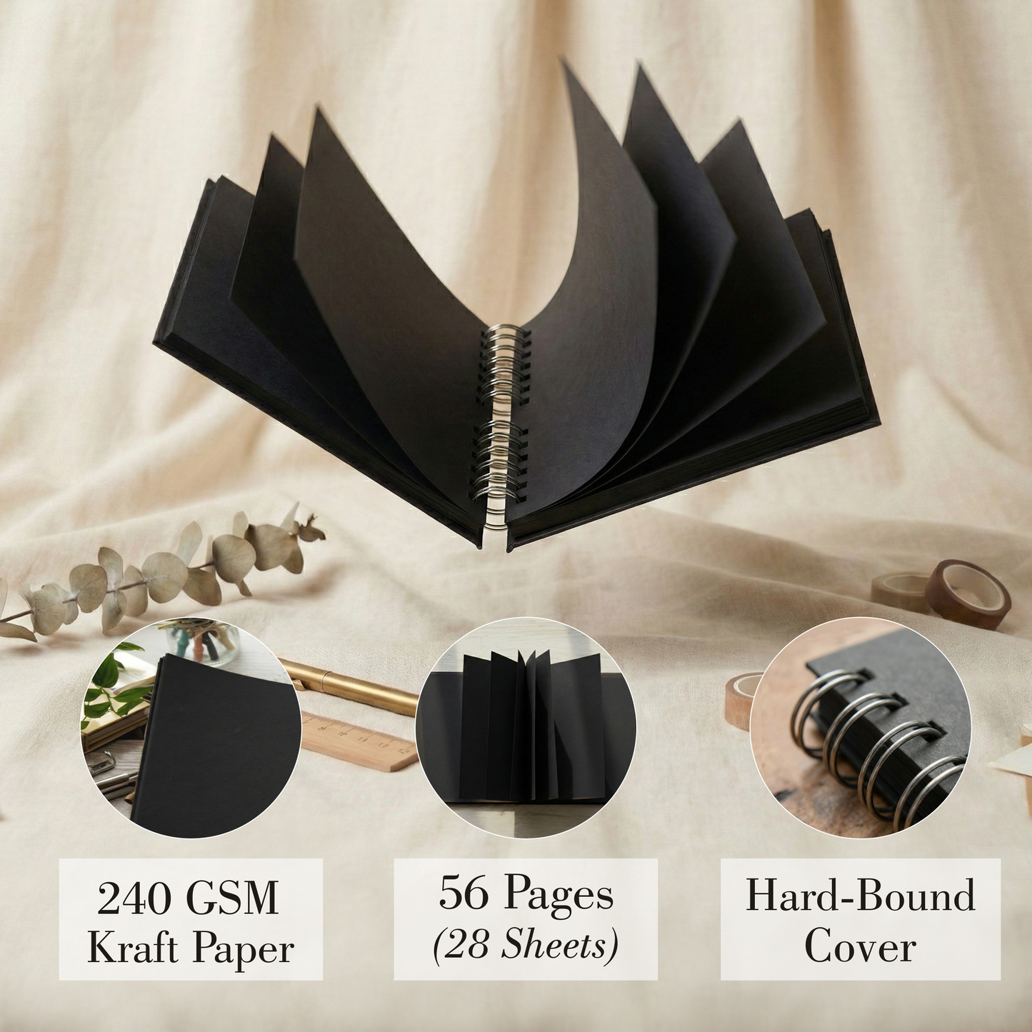 Zaslan Scrapbook Album, 56 Pages/28 Sheets, 240 Gsm Thick Black Paper, Photo Album Scrapbook, Memory Book - Ideal for Your Scrapbooking Albums Art & Craft Projects (8.5 x 8.5 Inch)