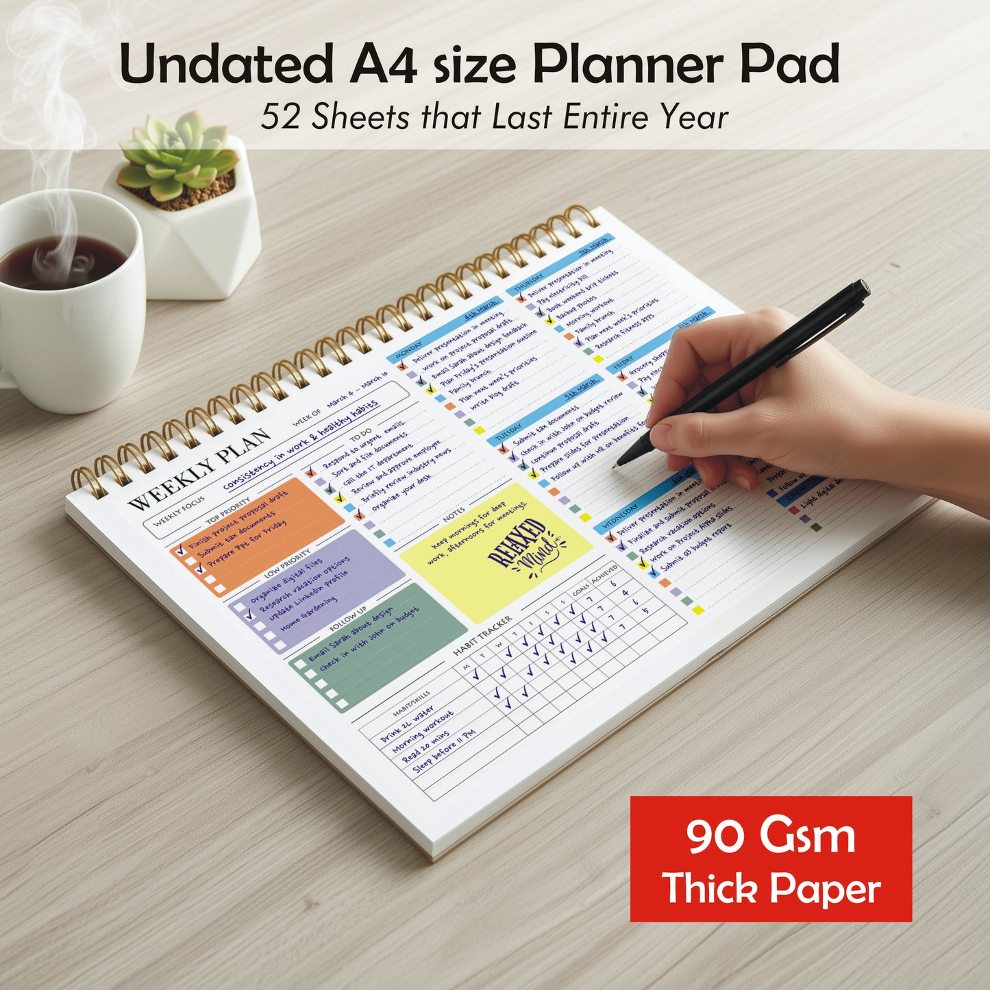 Zaslan Weekly Planner with Habit Tracker – Undated To-Do List Notepad for Priorities & Goals | 52 Tear-Off Sheets | 8.5” x 11”, A4 Size